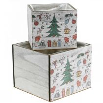 Artikel Houten plantenbak kerstdecoratie wit, gekleurd 20×20/15×15cm, set van 2