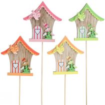 Bloemsteker houten siersteker vogelhuisje 7,5x8cm 12 stuks
