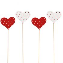 Artikel Hartjes rood en wit gestippelde bloempluggen hout 6×5cm 18 st