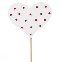 Artikel Hartjes rood en wit gestippelde bloempluggen hout 6×5cm 18 st