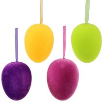 Artikel Decoratieve paaseieren om op te hangen kleurrijk gevlokt H8cm 8 st
