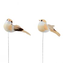 Veren vogel op draad, decoratieve vogel met veren oranje bruin 4cm 12st