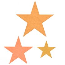 Artikel Strooidecoratie sterren hout oranje 3 kleuren Ø3,5/5,5/7cm 48 st