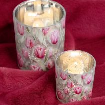 Artikel Decoratieve glazen lantaarn met tulpmotief voor een lenteachtige sfeer in huis, 8 cm, 4 stuks.