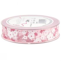 Artikel Organzalint roze met bloemen cadeaulint 20mm 20m