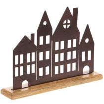 Artikel Decoratie voor een rijtje huizen, metaal met houten voet, 30 cm