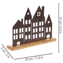 Artikel Decoratie voor een rijtje huizen, metaal met houten voet, 30 cm