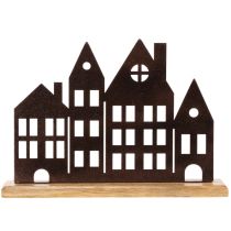 Artikel Decoratie voor een rijtje huizen, metaal met houten voet, 30 cm