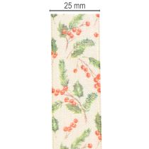 Artikel Decoratief lint met hulst en bessen, vormvaste rand, 25 mm, 18 m