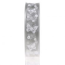 Organza lint vlinder grijs 25mm 20m