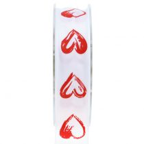Decoratielint wit met rode hartjes 25mm 15m