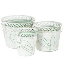 Artikel Bloempot van reliëfmetaal met handvatten, wit en groen, shabby chic stijl, H22/19,5/17,5 cm, Ø25,5/20,5/15,5 cm, set van 3