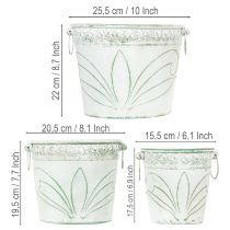 Artikel Bloempot van reliëfmetaal met handvatten, wit en groen, shabby chic stijl, H22/19,5/17,5 cm, Ø25,5/20,5/15,5 cm, set van 3