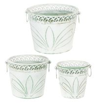 Artikel Bloempot van reliëfmetaal met handvatten, wit en groen, shabby chic stijl, H22/19,5/17,5 cm, Ø25,5/20,5/15,5 cm, set van 3