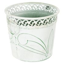 Artikel Bloempot van reliëfmetaal met handvatten, wit en groen, shabby chic stijl, H22/19,5/17,5 cm, Ø25,5/20,5/15,5 cm, set van 3