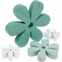 Strooi decoratie bloesem groen, mint, wit hout bloemen om te strooien 29st