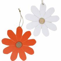 Bloem hangers, decoratieve bloemen oranje en wit, houten decoratie, zomer, decoratieve bloemen 8st