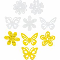Bloemen en vlinders om te strooien geel, wit hout strooi decoratie lente decoratie 72st