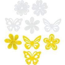 Artikel Bloemen en vlinders om te strooien gele, witte houten strooidecoratie lentedecoratie 72 st