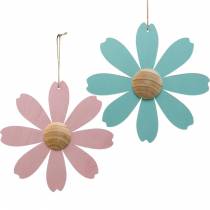 Houten bloemen om op te hangen, lentedecoratie, houten bloem roze en blauw, zomer, decoratieve bloemen 4st