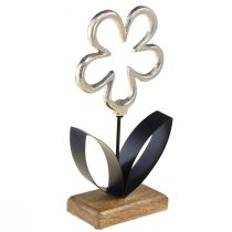 Bloem metalen decoratie zilver zwart houten voet 15x29cm