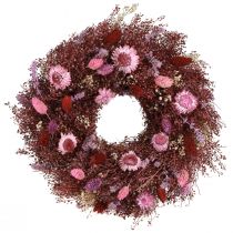 Artikel Bloemenkrans, krans van gedroogde bloemen, wijnrood, roze, Ø25cm