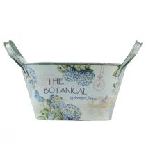 Artikel Bloemenschaal met handvatten ovale metalen hortensia's 32×15×15cm