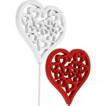 Bloemsteker hart rood, wit sierstekker Valentijnsdag 7cm 12st