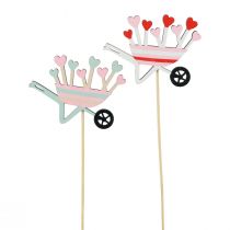 Artikel Bloemenplug kruiwagen houten harten gekleurd 9x6,5cm 12 st