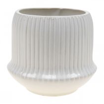 Bloempot keramiek plantenbak met groeven wit Ø14,5cm H12,5cm