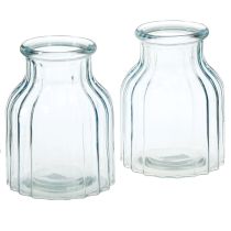 Artikel Bloemenvaasjes glas groeven design blauw Ø11cm H14.5cm 2 stuks