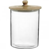 Glazen pot, bonboniere met houten deksel, decoratief glas naturel kleur, helder Ø17cm H24.5cm