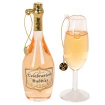 Artikel Kerstboomversiering set, champagneglas en champagnefles, kerstdecoratie, 14 cm, 2 stuks