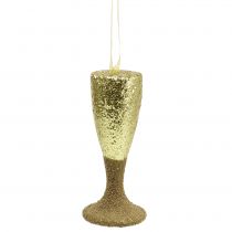 Hanger champagne glas licht goud glitter 15cm Oudejaarsavond en Kerst