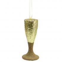 Artikel Hanger champagne glas licht goud glitter 15cm Oudejaarsavond en Kerst