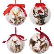 Artikel Kerstbal met hertenmotief en lint om op te hangen, 7 cm, 4 stuks