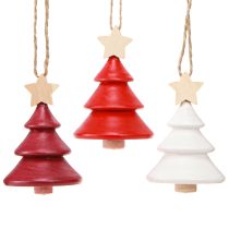 Artikel Kerstboomversiering dennenboom hout rood wit 7,5cm 6 stuks