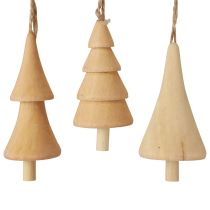 Artikel Kerstboomversieringen houten dennenboom, houten hanger naturel 7-8cm 12st