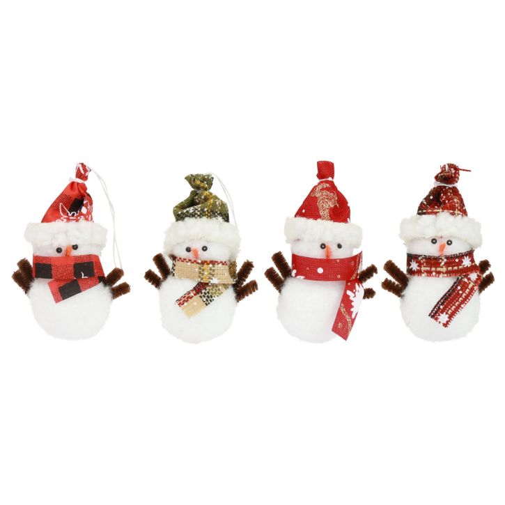 Kerstboomversiering sneeuwpop met hoed H9cm 4st