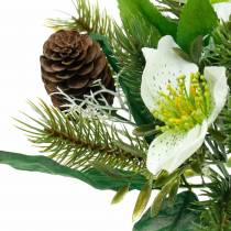 Kunst rozenboeket met dennenboom en kegels H26cm