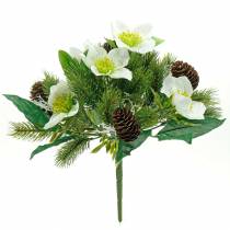 Kunst rozenboeket met dennenboom en kegels H26cm
