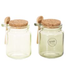 Artikel Decoratief glas met kurken deksel en lepel, groen, Ø7cm, H10cm, 2 stuks