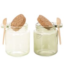 Artikel Decoratief glas met kurken deksel en lepel, groen, Ø7cm, H10cm, 2 stuks