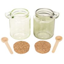 Artikel Decoratief glas met kurken deksel en lepel, groen, Ø7cm, H10cm, 2 stuks