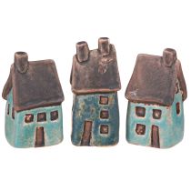 Artikel Decoratief huis keramiek blauw bruin vintage H6,5/7cm 6 stuks