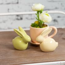 Artikel Decoratief konijn, geel, groen, bruin, modern keramisch beeldje voor Pasen, 8,5 cm, 3 stuks