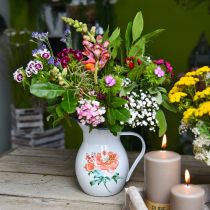 Decoratieve kan, bloemenvaas vintage look, emaille kan met rozenmotief H19cm