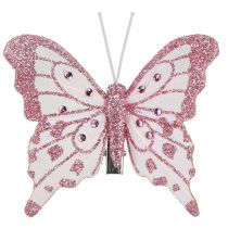 Artikel Decoratieve vlinders van veren roze glitter 7,5x7cm 4 st