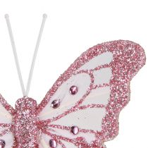 Artikel Decoratieve vlinders van veren roze glitter 7,5x7cm 4 st