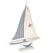 Artikel Decoratieve zeilboot houten schelpen wit blauw L26.5cm H37cm